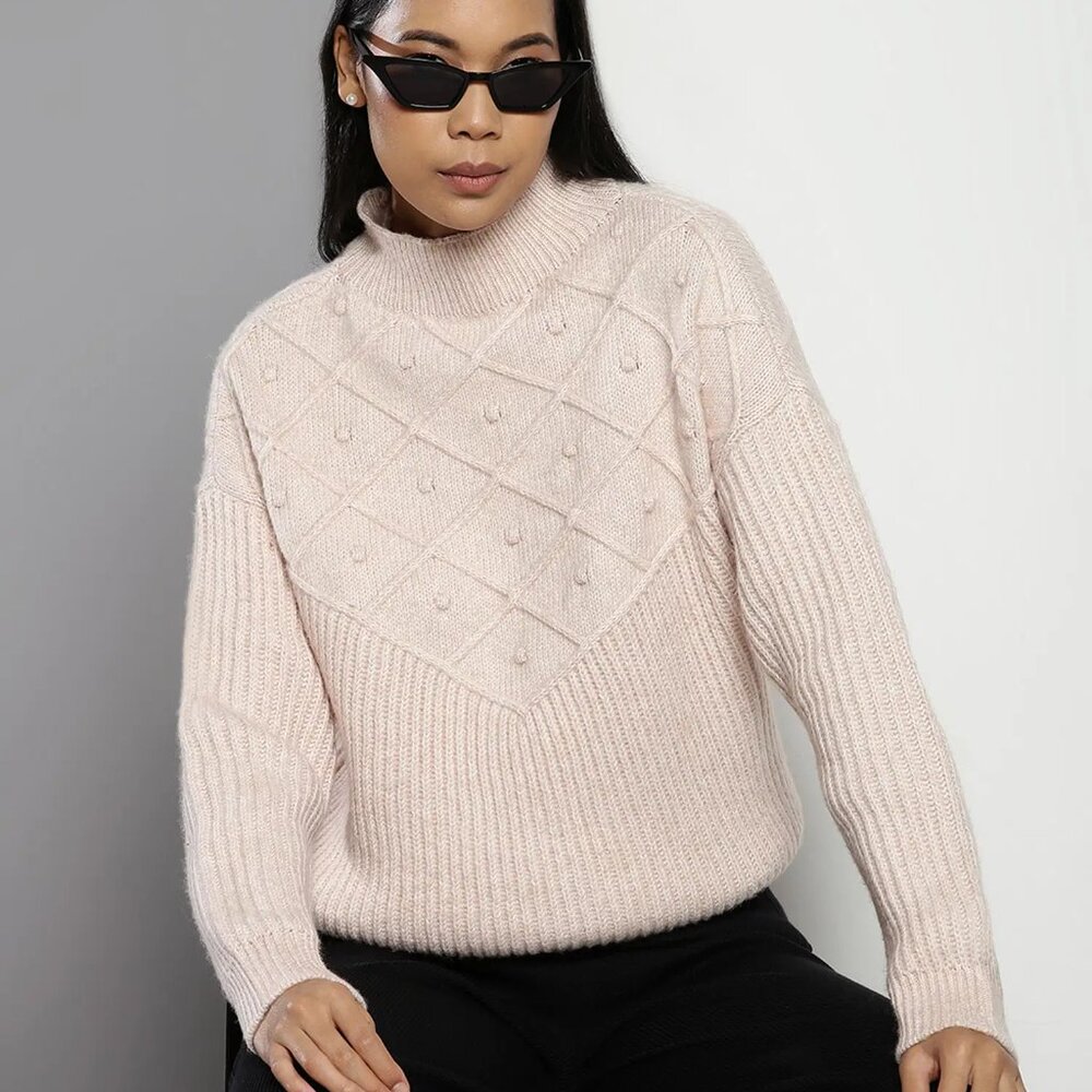 Calvin Klein Cream Textured Mock Neck Sweater Size Large | Diamond Knit Pullover